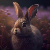 3d rendering of a cute brown rabbit in the field with flowers, Image photo