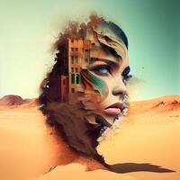 Double exposure portrait of beautiful woman in the desert. 3D rendering, Image photo