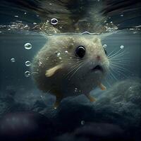 Cute little mouse swimming underwater with bubbles in the water. 3D rendering, Image photo