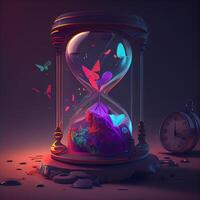 Hourglass with sand and butterflies. Time concept. 3D rendering, Image photo