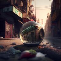 Crystal ball with dollar banknotes in the street. 3d rendering, Image photo
