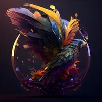 3d rendering of a colorful bird in a sphere on a black background, Image photo