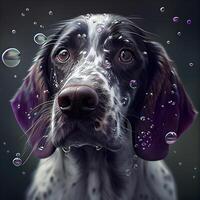 Funny dog with soap bubbles on a black background. Digital painting., Image photo