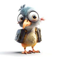 3D illustration of a cute cartoon parrot with backpack and backpack, Image photo