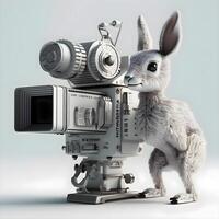 3D rendering of a rabbit with a camera on a gray background, Image photo