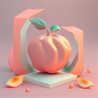 Red apple with leaves on a pink background. 3d illustration., Image photo