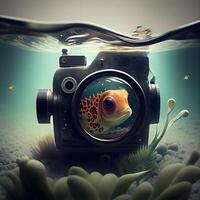 Underwater world. Photo camera and fish under water. Underwater world., Image