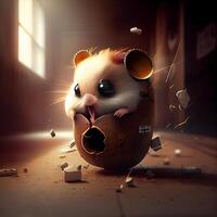 Hamster breaks the egg in a dark room. Conceptual illustration, Image photo