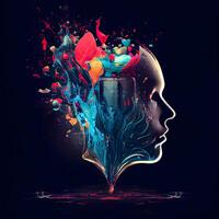 Human head with colorful paint splashes on black background. 3D rendering, Image photo