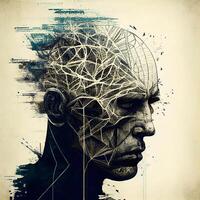 digital ilustración de un del hombre cabeza con resumen partículas y líneas, ai generativo imagen foto