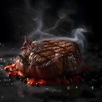 Steak with red caviar and smoke on a black background., Image photo