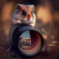 Hamster with camera on the background of nature. 3d rendering, Image photo