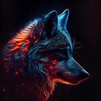 Digital painting of a wolf with fire effect on a black background., Image photo