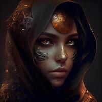 Portrait of a beautiful woman in a black veil. 3D rendering, Image photo