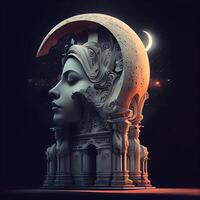 3D rendering of a female head in front of a crescent moon, Image photo