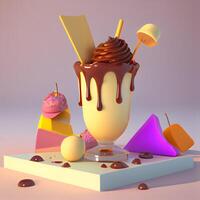Chocolate ice cream with candies, 3d rendering. Computer digital drawing., Image photo