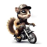3D rendering of a cute squirrel on a motorcycle isolated on white background, Image photo