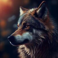 Portrait of a wolf on a background of the autumn forest., Image photo