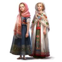 Three girls in russian national clothes. Isolated on white background., Image photo