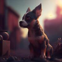 Funny chihuahua puppy sitting on the street at sunset, Image photo
