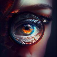 Close up view of beautiful woman eye with magnifying glass. Vision concept, Image photo