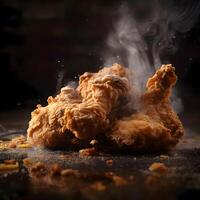 Fried chicken meat on a black background with smoke and fire., Image photo