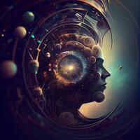 3D rendering of a female head with abstract fractal background., Image photo