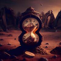 hora concepto. antiguo reloj en el desierto. 3d representación., ai generativo imagen foto