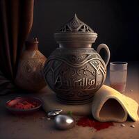 Still life with clay vase and clay pot on a dark background, Image photo