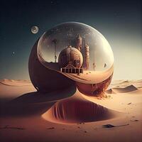 3d illustration of a planet with a mosque in the middle of the desert, Image photo