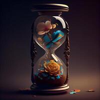 Hourglass with flowers and butterflies on dark background. 3d illustration, Image photo