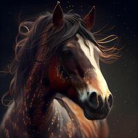 Horse portrait with long mane on a black background. Digital painting, Image photo