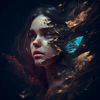 Fantasy portrait of a beautiful young woman with butterfly on her face, Image photo