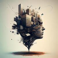 Conceptual image of human head with cityscape on it., Image photo