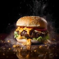 hamburguesa en un negro antecedentes con un lote de fumar., ai generativo imagen foto