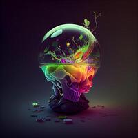 Human skull with colorful brain on dark background. 3D illustration., Image photo