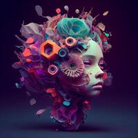 3d rendering of a female face with abstract floral hairstyle., Image photo
