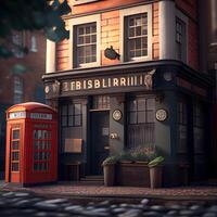 London, UK 3D render of a typical British pub with a red telephone box, Image photo