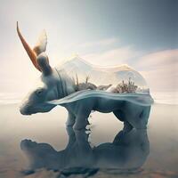 Rhinoceros in a surreal landscape. 3d illustration., Image photo