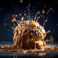 Splash of chocolate with ice cream on a black background. Copy space., Image photo