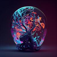 3d render of human brain in glass vase on dark background, Image photo