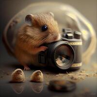 Hamster with a camera on a dark background. Close-up., Image photo