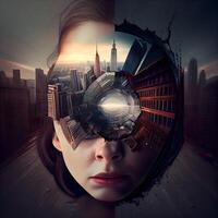 Double exposure of woman face and cityscape. Elements of this image are furnished by NASA, Image photo
