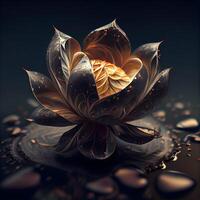 hermosa loto flor en negro antecedentes. 3d ilustración., ai generativo imagen foto