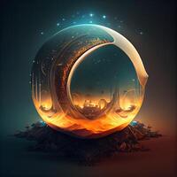 Fantasy crystal ball with planet and stars. 3D illustration., Image photo