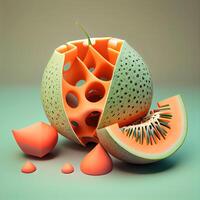 Melon and melon slices with drops of water. 3d illustration, Image photo