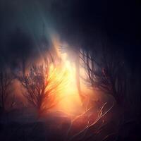 Fantasy landscape with trees in the forest at sunset. 3d illustration, Image photo