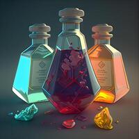 3d ilustración de un conjunto de botellas con poción en un oscuro fondo, ai generativo imagen foto