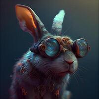 Funny rabbit with headphones and glasses on dark background. 3d rendering, Image photo