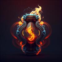 Burning fire shield with dollar sign on dark background. illustration., Image photo